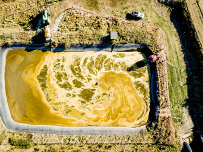 Large slurry pond from above. Farm Slurry